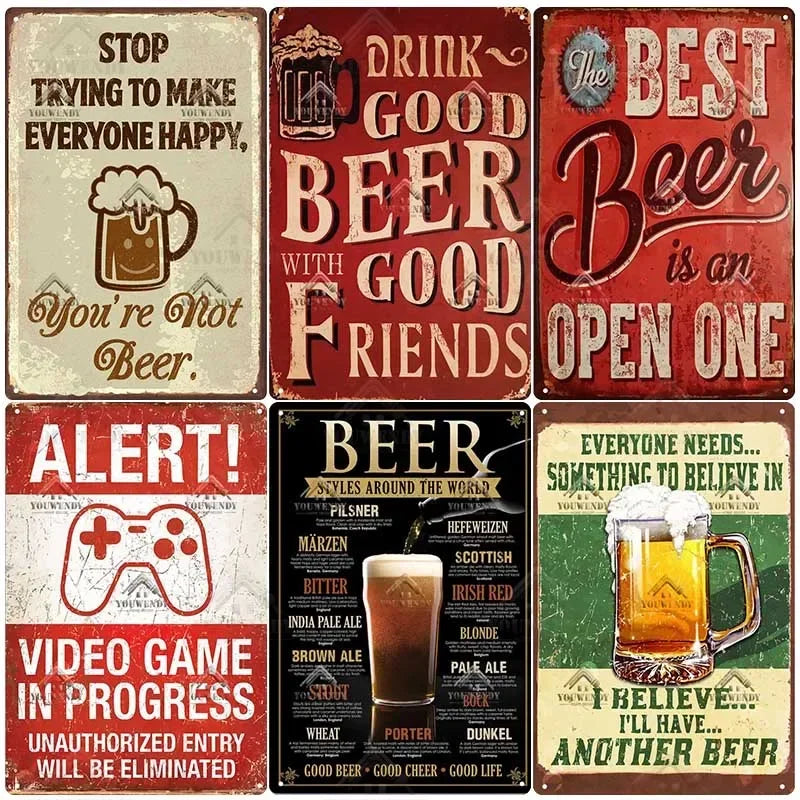 A collection of vintage-style metal bar signs featuring humorous text about beer and drinking