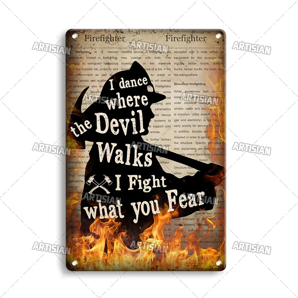 Vintage metal sign featuring text about fighting the devil and firefighters set against a fiery background