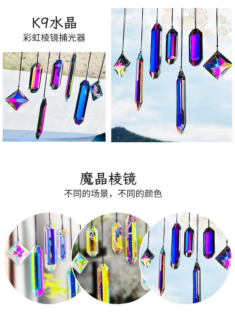 A collection of nine crystal prism sun catchers hanging by strings, showcasing various colors and facets.