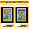 Display artwork with a picture frame showing an autumn tree painting, demonstrating display options without and with a strap.