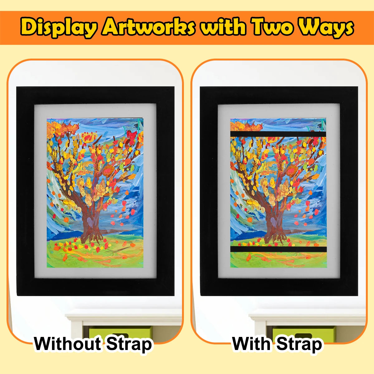 Display artwork with a picture frame showing an autumn tree painting, demonstrating display options without and with a strap.
