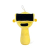 A yellow plush toy resembling a futuristic visor with black accents and a thin string attached.