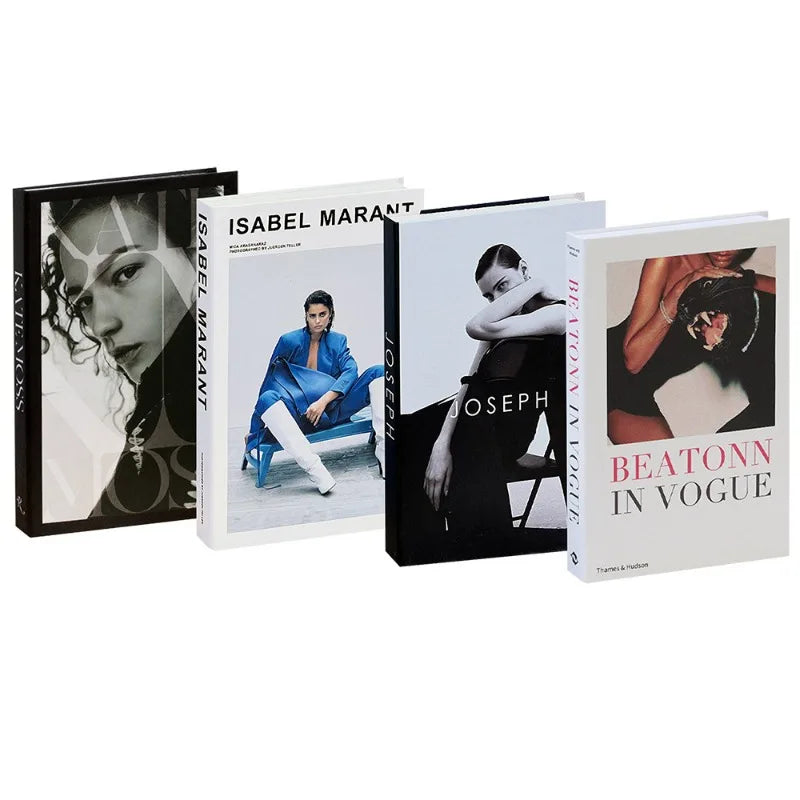 A set of three decorative faux books featuring fashion photography and text for home decor.