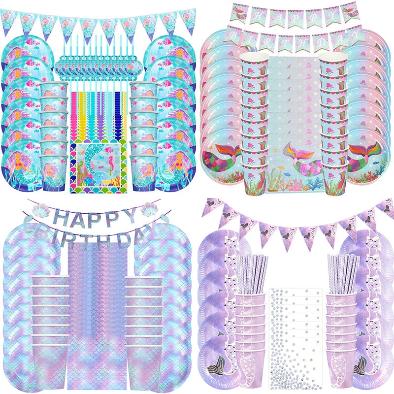 A collection of mermaid-themed party tableware including plates, cups, and napkins in shades of blue, purple, and teal.