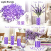 A collection of purple acrylic ice rocks and lavender flowers displayed in various artistic arrangements.