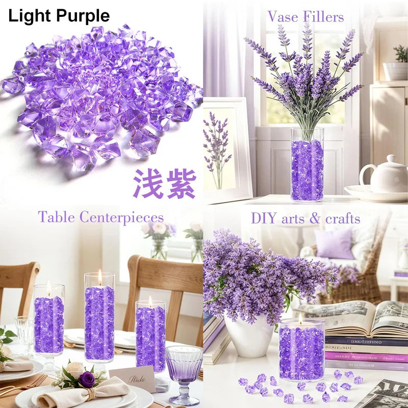 A collection of purple acrylic ice rocks and lavender flowers displayed in various artistic arrangements.