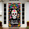A vibrant Dia de los Muertos sugar skull door cover featuring colorful papel picado banners and floral designs.