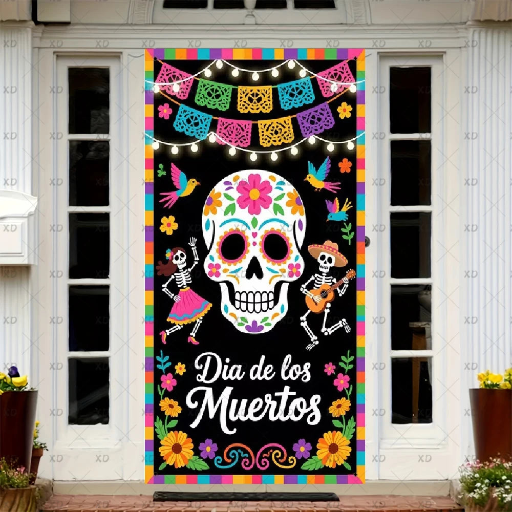 A vibrant Dia de los Muertos sugar skull door cover featuring colorful papel picado banners and floral designs.