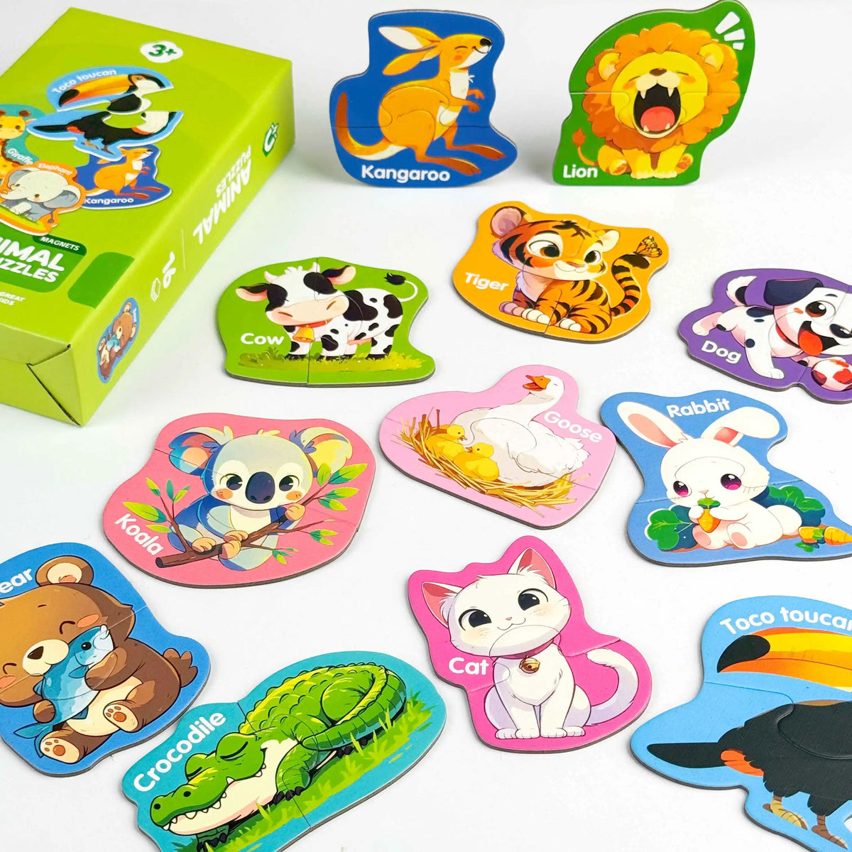 A set of magnetic animal shapes including a kangaroo, lion, cow, tiger, dog, rabbit, goose, and crocodile for learning.