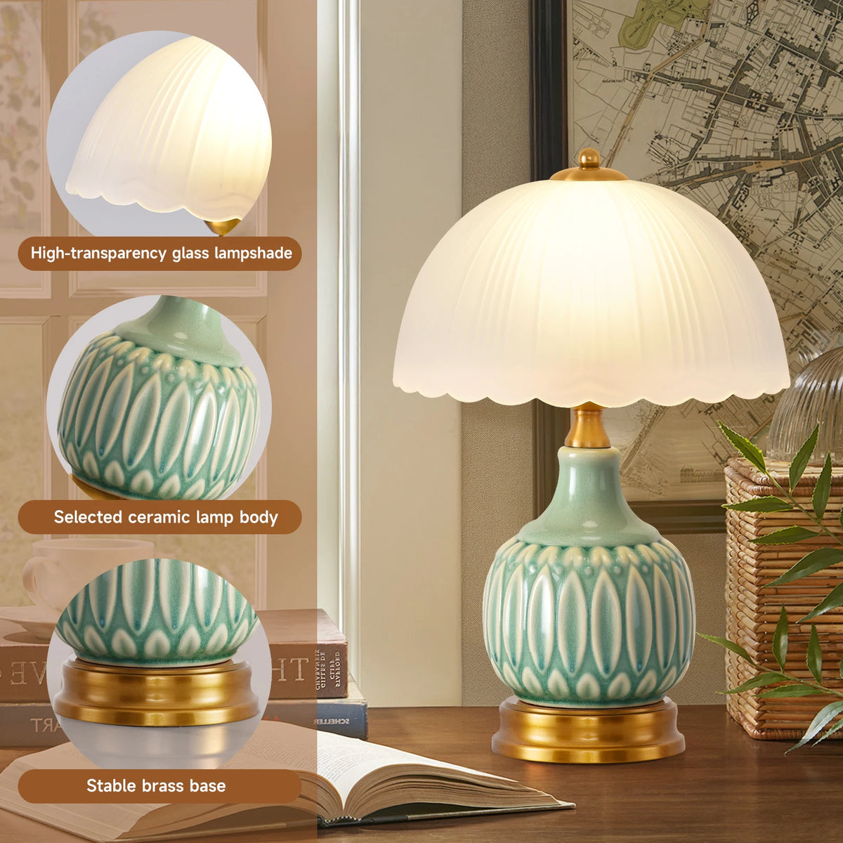 A white lampshade sits on a light blue ceramic base with gold accents, displayed next to a map and greenery.