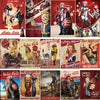 Vintage metal wall signs featuring various designs and text for Nuka Cola