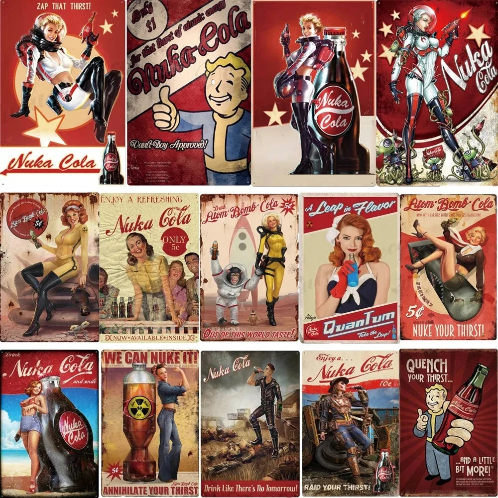 Vintage metal wall signs featuring various designs and text for Nuka Cola