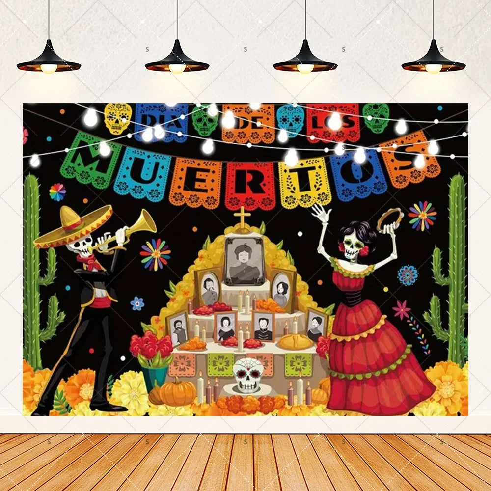 A vibrant Day of the Dead fiesta photo backdrop featuring colorful floral skull designs and traditional Mexican imagery.