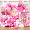 A pink and white balloon garland arch kit featuring numerous balloons in various shades of pink and white.