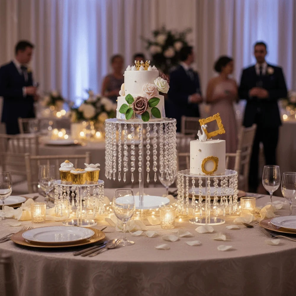 Elegant transparent acrylic cake display rack with a white tiered cake decorated with roses and gold accents.