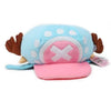 A light blue plush knit cap featuring a pink and white design with brown ears.
