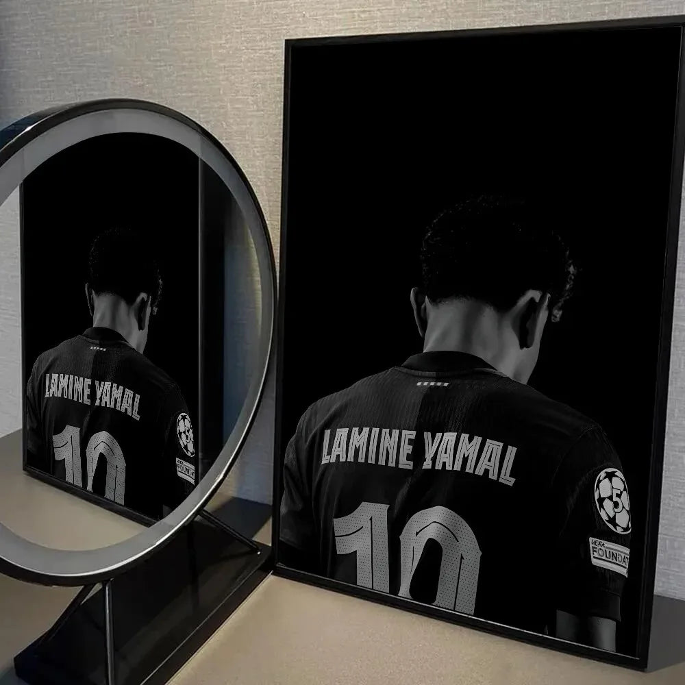 A framed print of a football player from behind, Lamine Yamal, wearing a black jersey with the number 10.