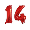 Two shiny red foil number balloons shaped like 1 and 4 for birthday party decor