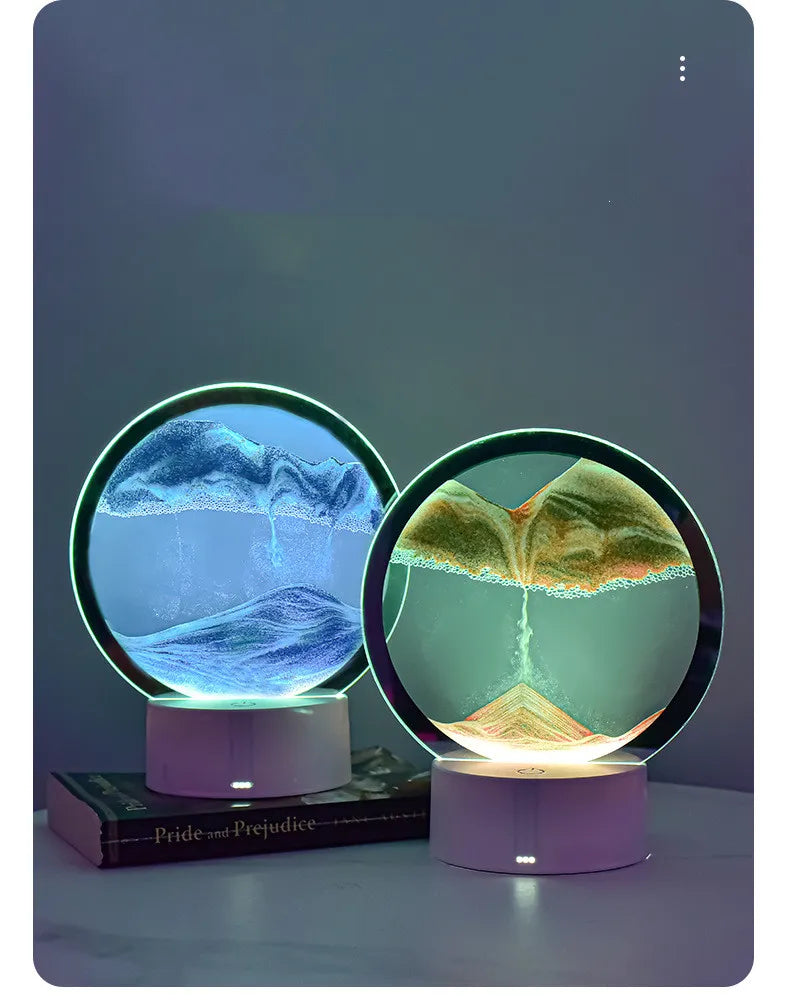 A 3D Quicksand LED table lamp with a color-changing light, featuring two glowing spherical displays.