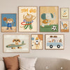 A gallery wall featuring various canvas prints of animals and vehicles, including a tiger, elephant, and a rocket ship.