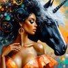 A portrait of an African American woman with dark curly hair and golden jewelry, positioned next to a black horse, painted in