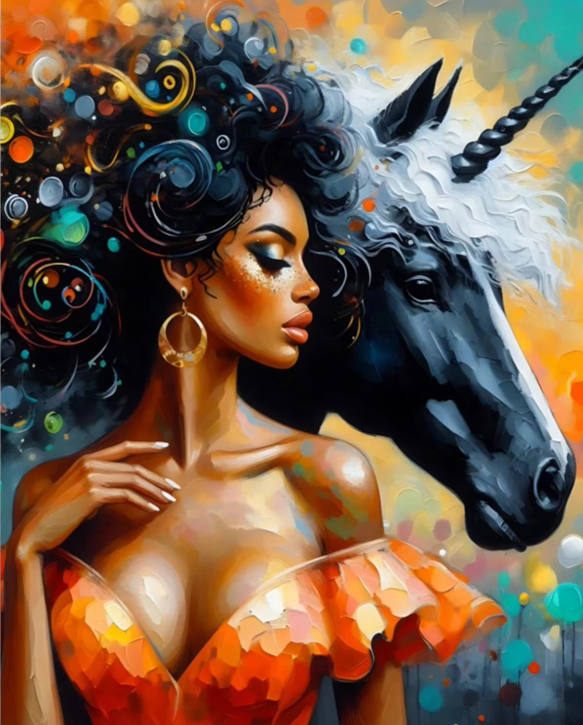 A portrait of an African American woman with dark curly hair and golden jewelry, positioned next to a black horse, painted in