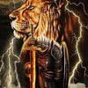 A fierce lion warrior stands amidst lightning, holding a sword and shield.