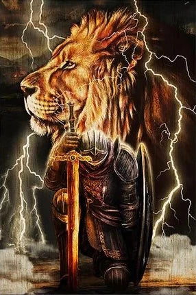 A fierce lion warrior stands amidst lightning, holding a sword and shield.