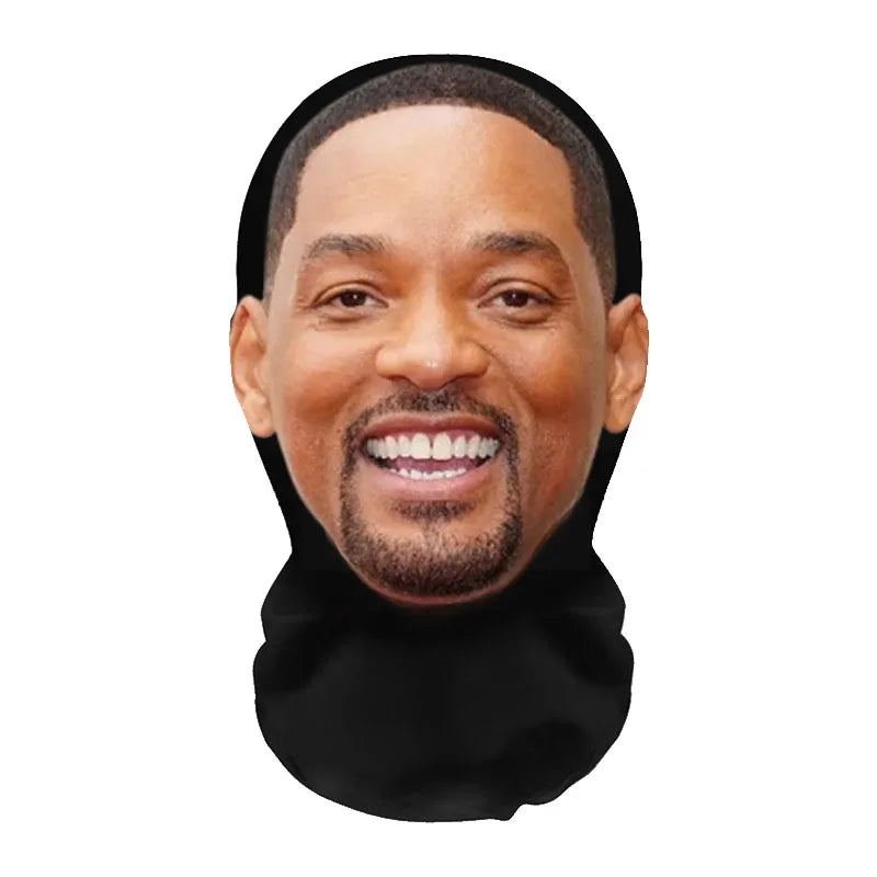 Realistic full-face cosplay mask of a Black man with a short beard and dark skin.