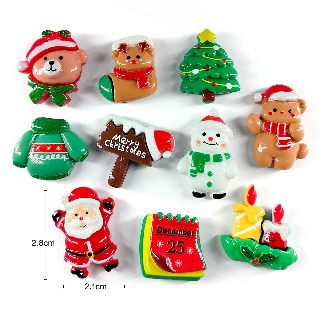 Un set de lindos imanes navideños para nevera con personajes como un reno, Santa y un muñeco de nieve.