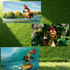 Funny chicken surfing flag featuring a bird on a surfboard in a natural outdoor setting
