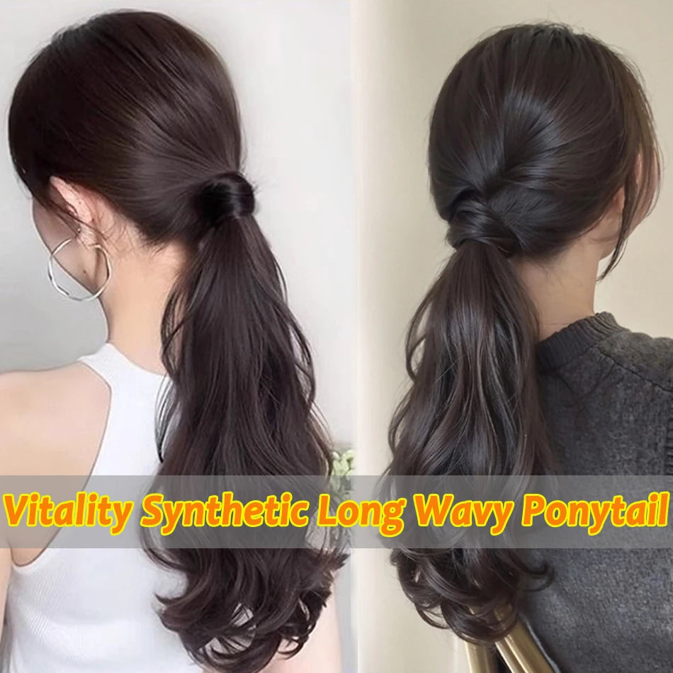 Long wavy ponytail extensions shown in a dark brown color with a side view.