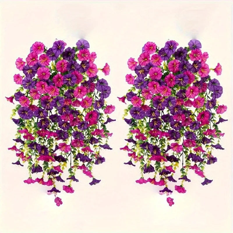 A pair of silk peony hanging garlands featuring vibrant shades of purple and pink flowers.