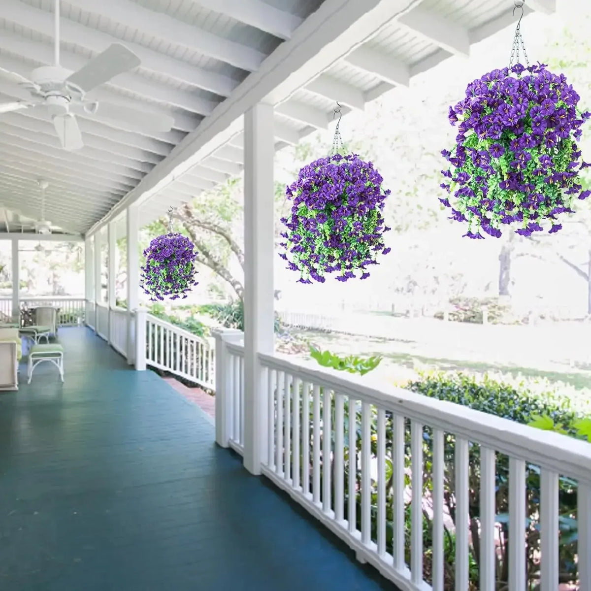 Artificial morning glory hanging vines in purple cascade decor on a white porch