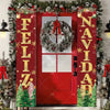 A festive red door banner decorated with evergreen garlands, holiday wreaths, and gold stars.