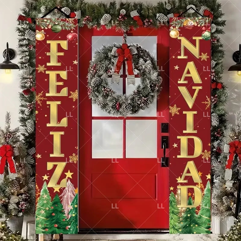A festive red door banner decorated with evergreen garlands, holiday wreaths, and gold stars.