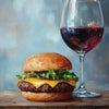 A close-up painting of a hamburger and a glass of red wine on a wooden surface.
