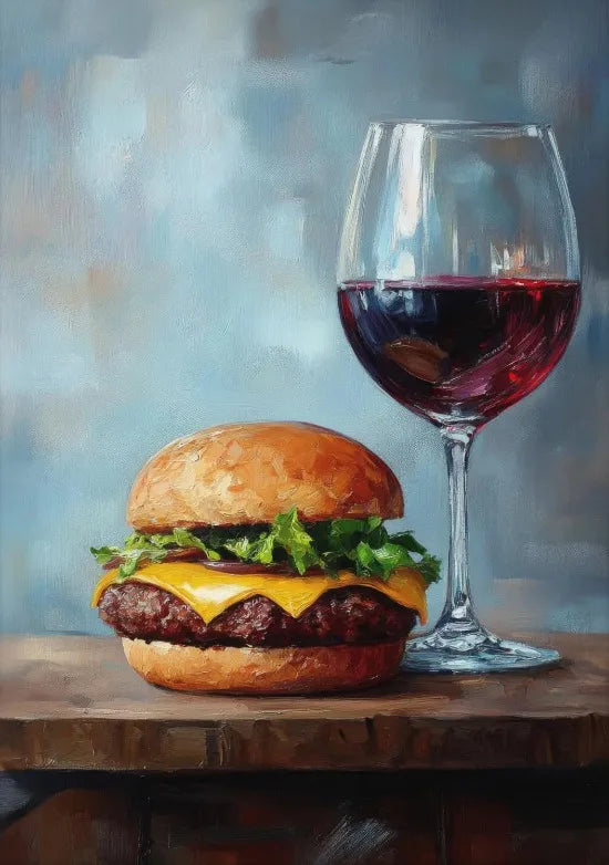A close-up painting of a hamburger and a glass of red wine on a wooden surface.