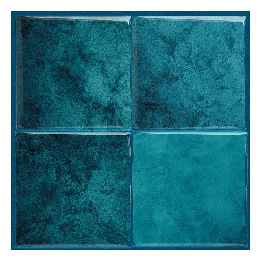 A square tile backsplash featuring a teal marble pattern with varying shades of blue-green.