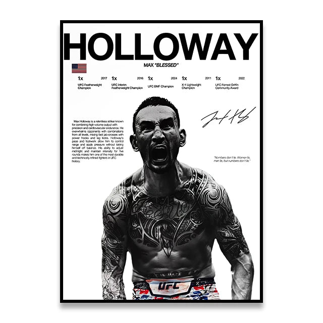 A black and white poster featuring a boxing fighter with intense facial expression and muscular physique.