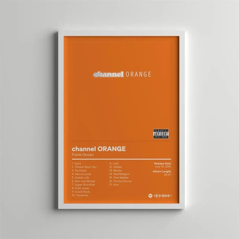 Orange album cover art featuring the title Channel Orange and tracklist on a white canvas print.