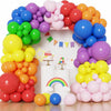 A balloon garland arch kit featuring colorful balloons in shades of purple, pink, yellow, orange, and blue.