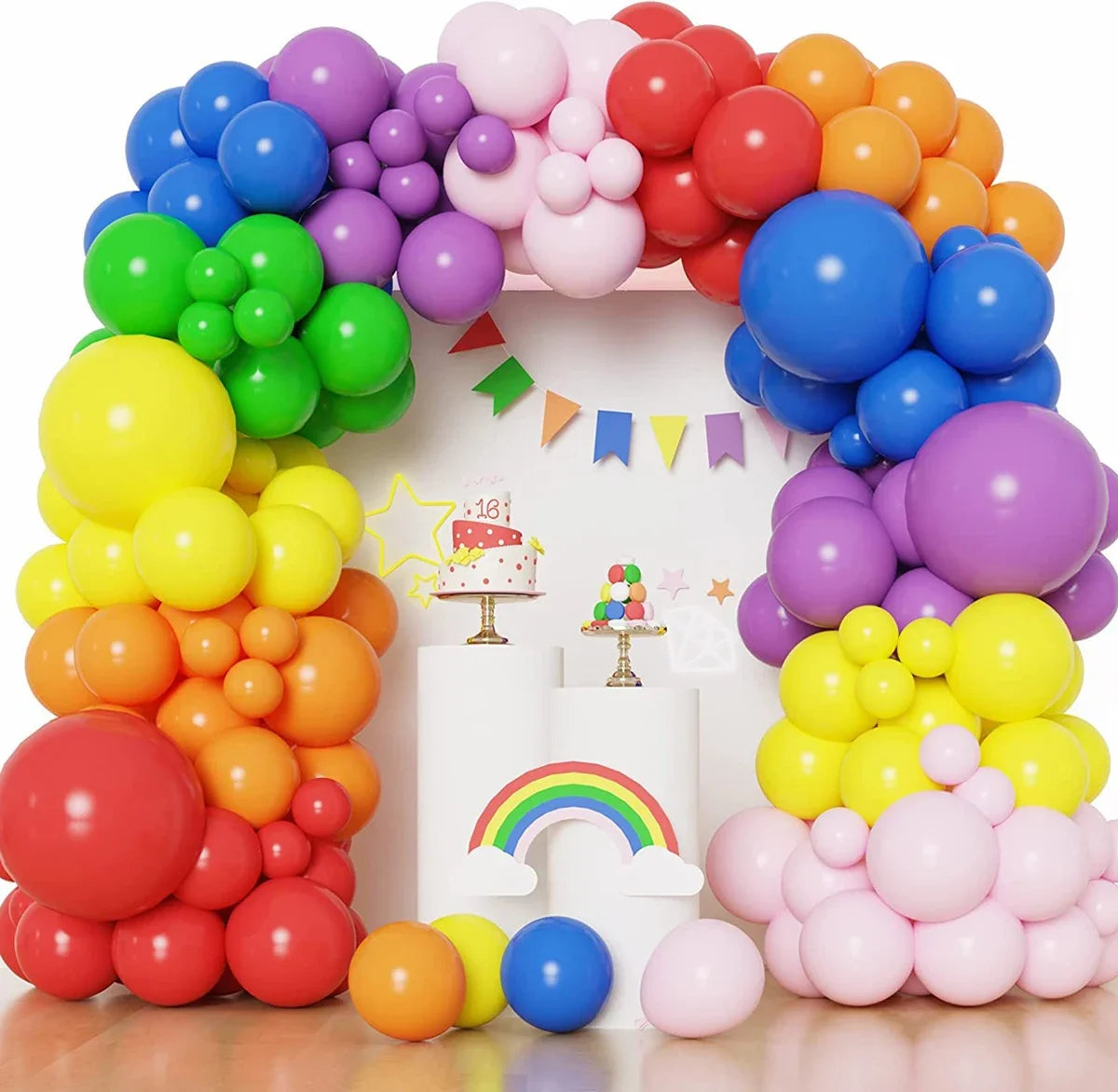 A balloon garland arch kit featuring colorful balloons in shades of purple, pink, yellow, orange, and blue.