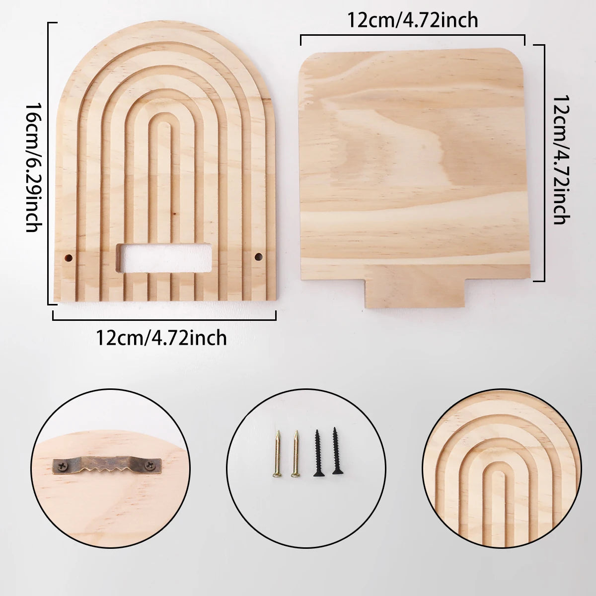A set of geometric wooden wall shelves featuring arched and linear designs for display or decoration.