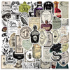A collection of vintage potion bottle labels featuring retro horror and Halloween themes.
