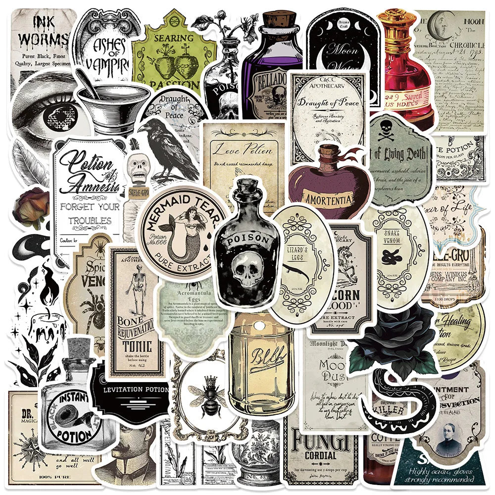 A collection of vintage potion bottle labels featuring retro horror and Halloween themes.