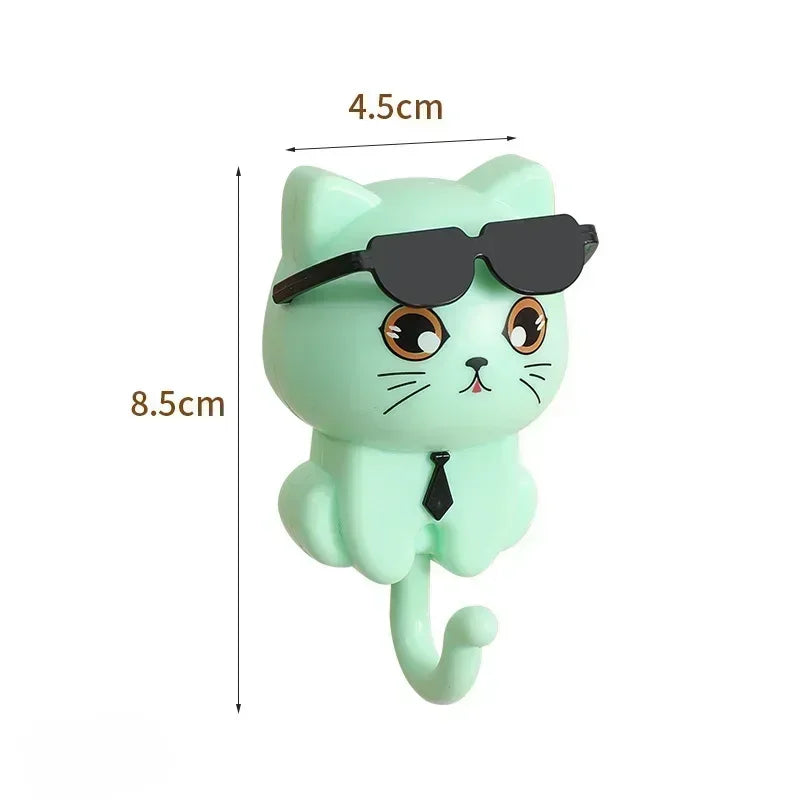 Cartoon Cat Adhesive Hooks – No-Damage Wall Hooks with Sunglasses Design