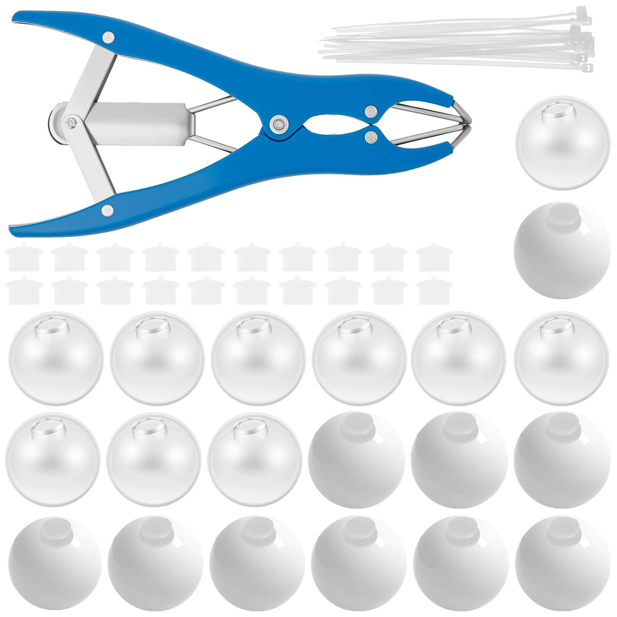 A blue DIY stress ball making kit featuring a plastic tool and various white filling beads.