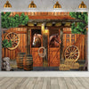 A rustic wooden barn door backdrop featuring a horse and a wagon wheel, set in a natural outdoor scene.