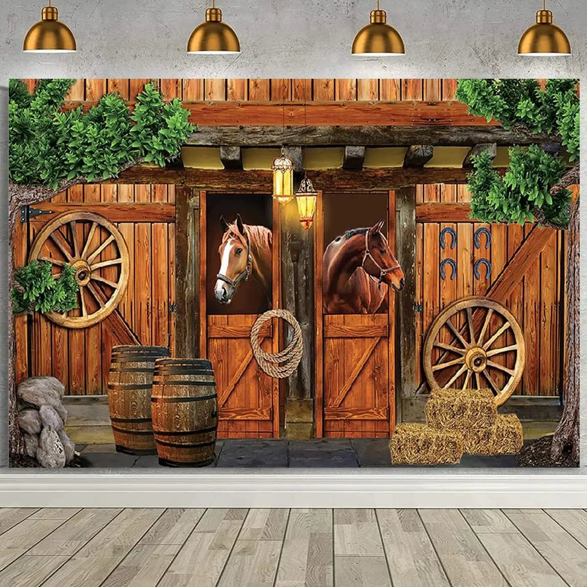 A rustic wooden barn door backdrop featuring a horse and a wagon wheel, set in a natural outdoor scene.